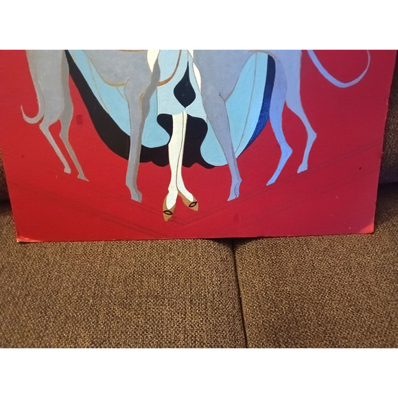 Vintage Art Deco Style Painting Woman with Greyhounds 28x22 Board - Picture 2 of 5